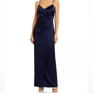 Bloomingdale’s Aqua Satin Ruched Dress in Navy